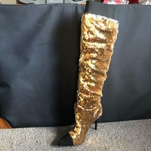 NWOT Over The Knee Sequin Heels Black/Gold…